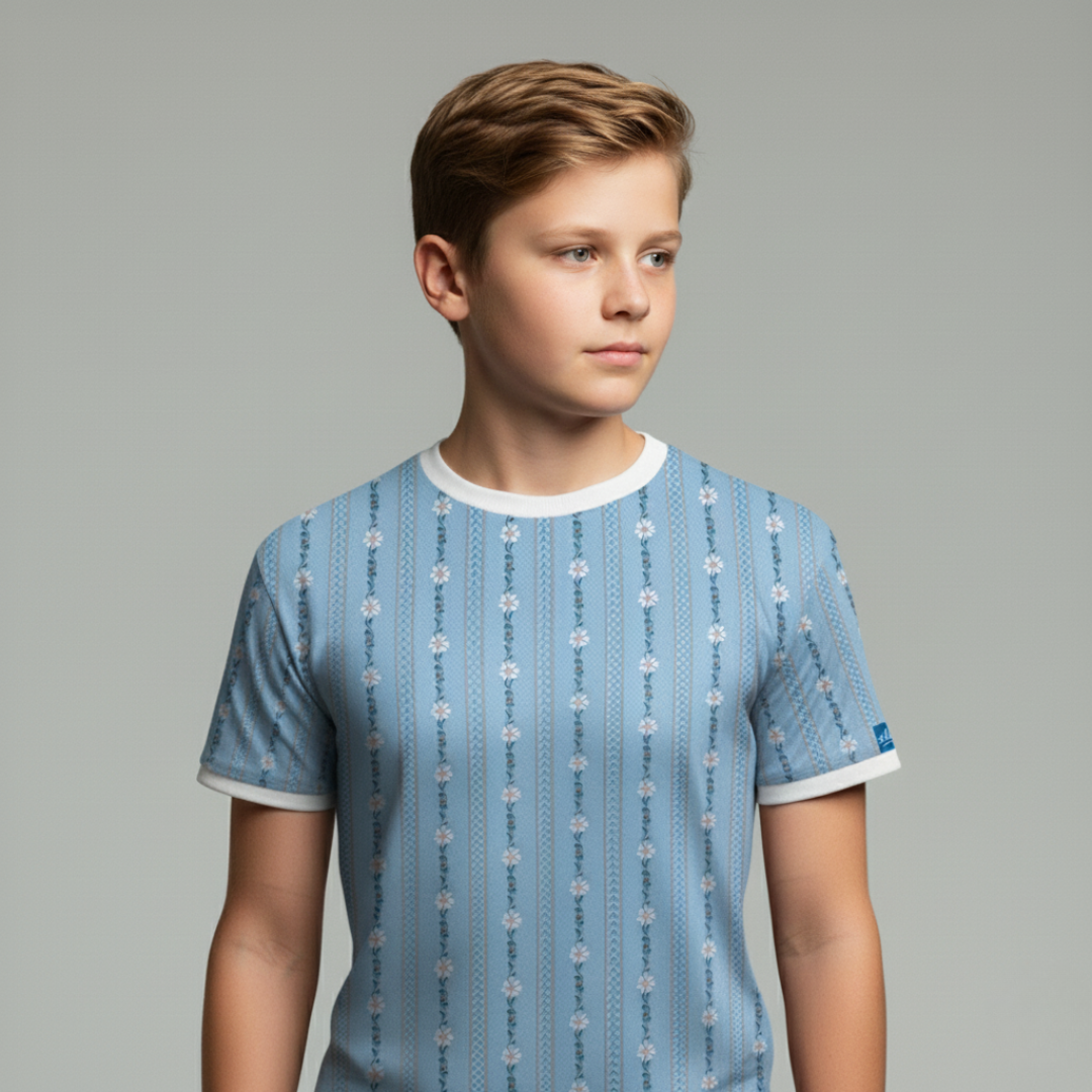 Das blaue Kinder-T-Shirt „Bauernhemd“.