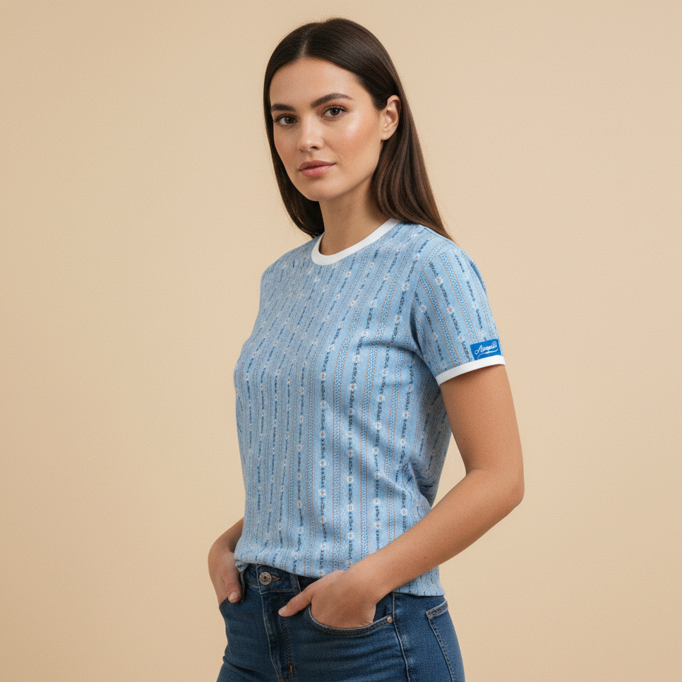 Das blaue T-Shirt mit der Aufschrift „Bauernhemd“.